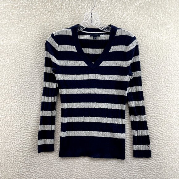 Tommy Hilfiger Sweaters - Tommy Hilfiger Navy Blue Grey Striped Cable Knit V-Neck Sweater Womens M Medium